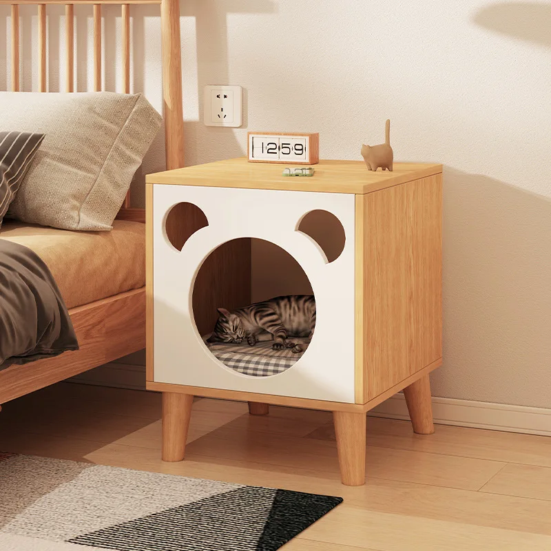 

Solid Wooden Legs Cat Den Nightstand Simple Modern Bedroom Small Bedside Cabinet Multifunctional Cattery Storage Shelf