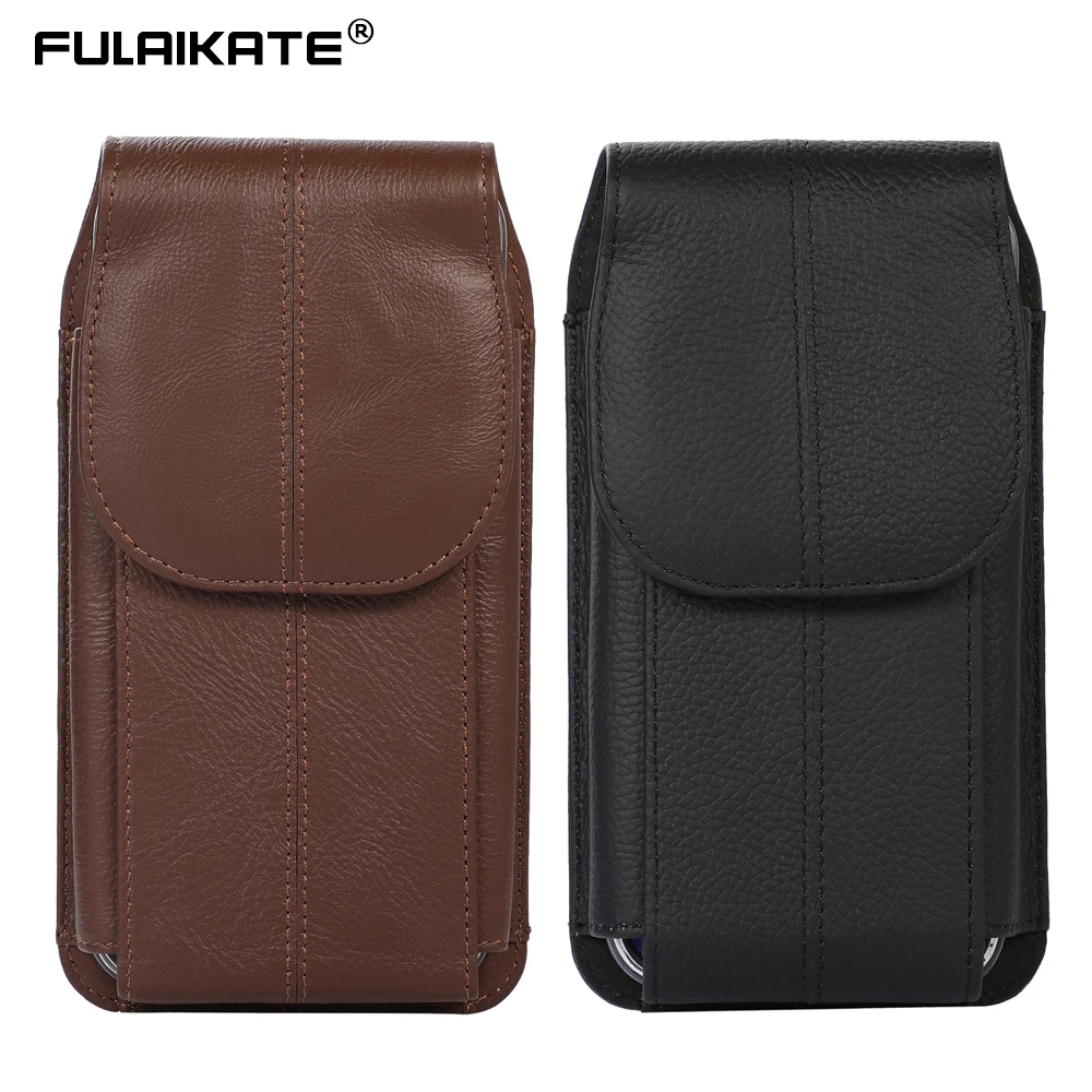 

FULAIKATE 6.1" 6.7" 7.2" First Layer Cowhide Phone Pouch for iPhone 13 Pro Max Samsung Z Fold3 Waist Bag Men's Portable Holster
