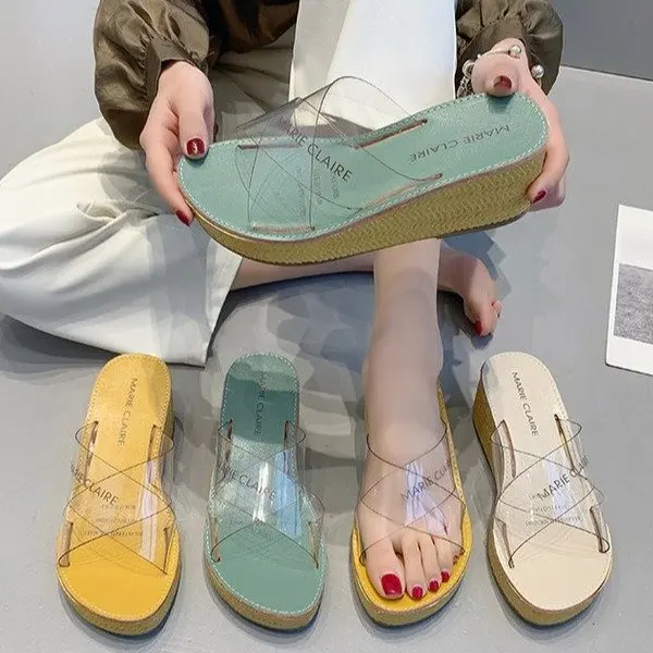 

Летние женские повседневные уличные тапочки, Размеры 35-40, однотонные, на высоком каблуке и танкетке, женские удобные модные Тапочки