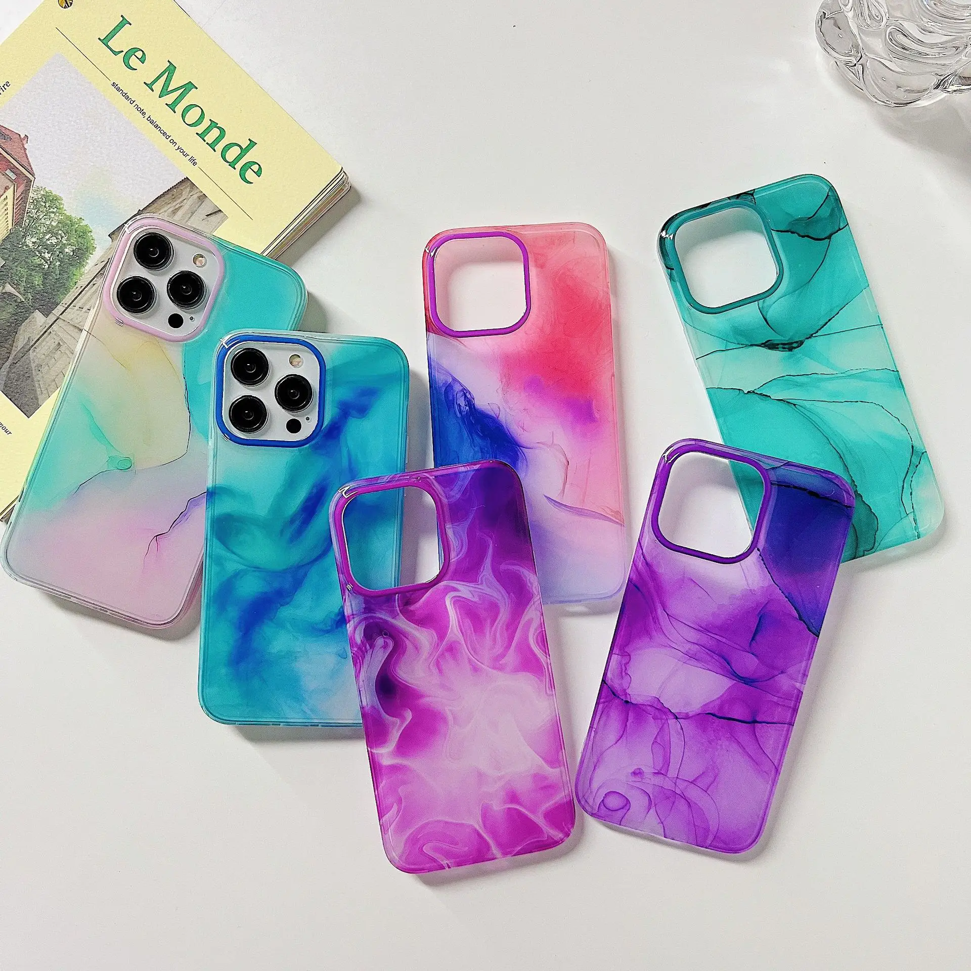 

10pcs Transparent Marble Render Color Shockproof Mobile Phone Case for iPhone 14 13 12 Plus Pro Max Back Cover