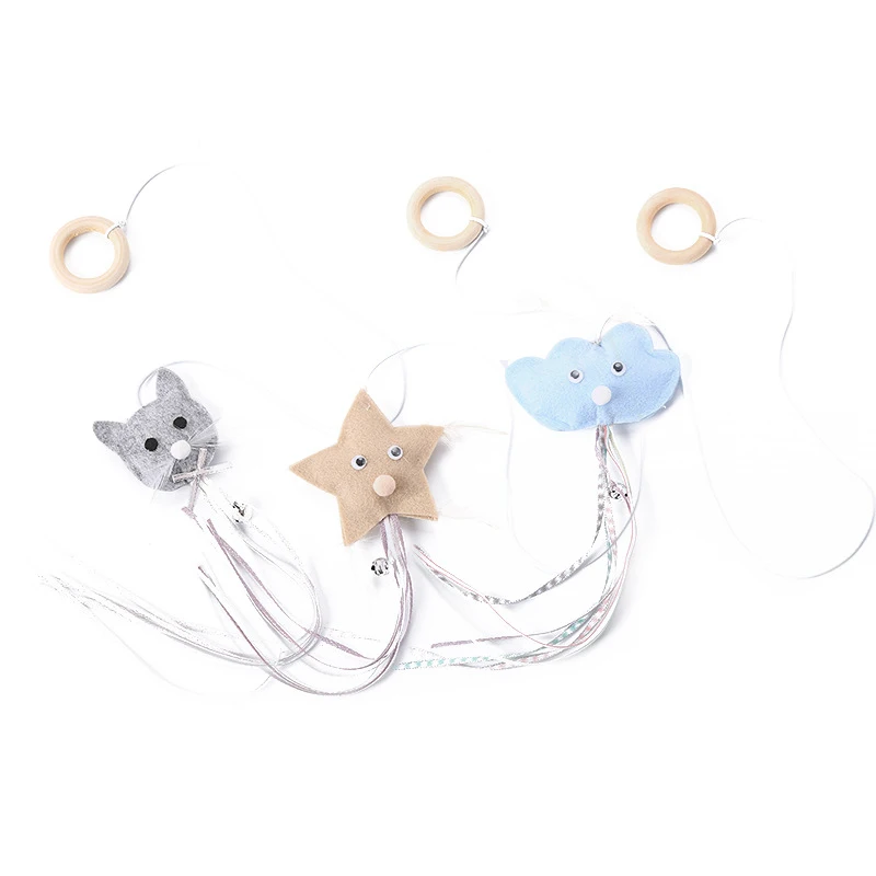 

Cat Stick Toy Wooden Rings Felt Cloth Feather Funny Sound Stars Clouds Shape Interactive Toy Finger Pull Ring Pet Supplies