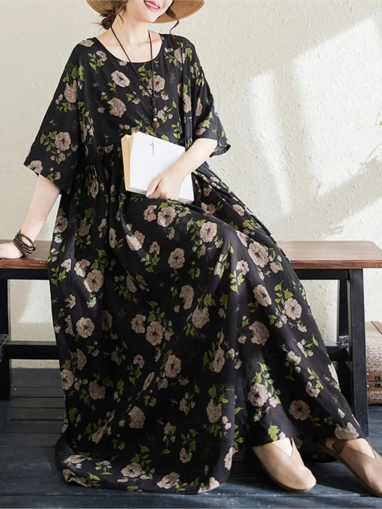 Платье женское длинное свободного кроя с цветочным принтом