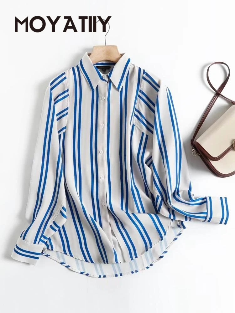 

MOYATIIY женские модные ретро рубашки 2022 Офисная женская синяя полосатая блузка рубашка с длинным рукавом шикарные женские повседневные свобо...
