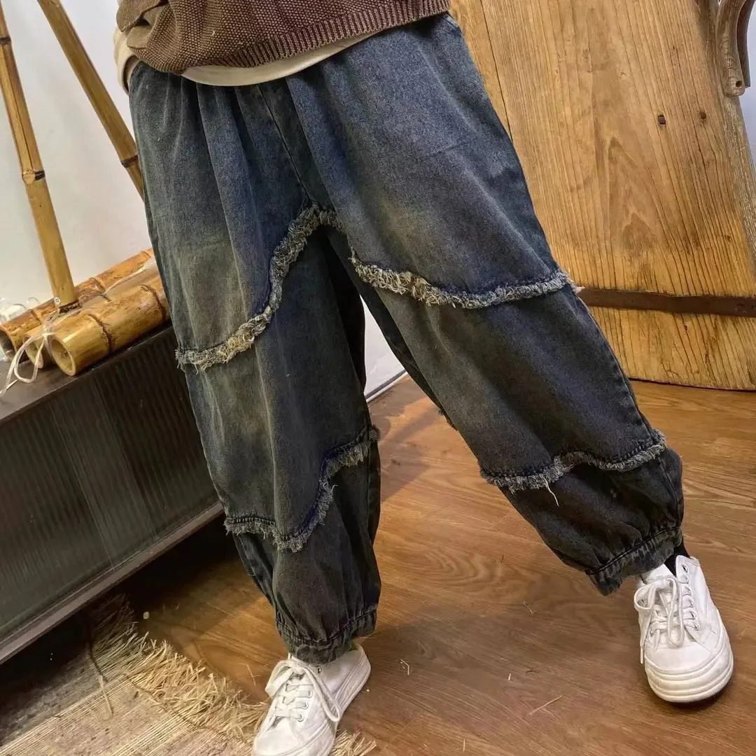 Frayed Paneled Mens Jeans Spring 2023 New Vintage Distressed Washed Bloomers for Men
