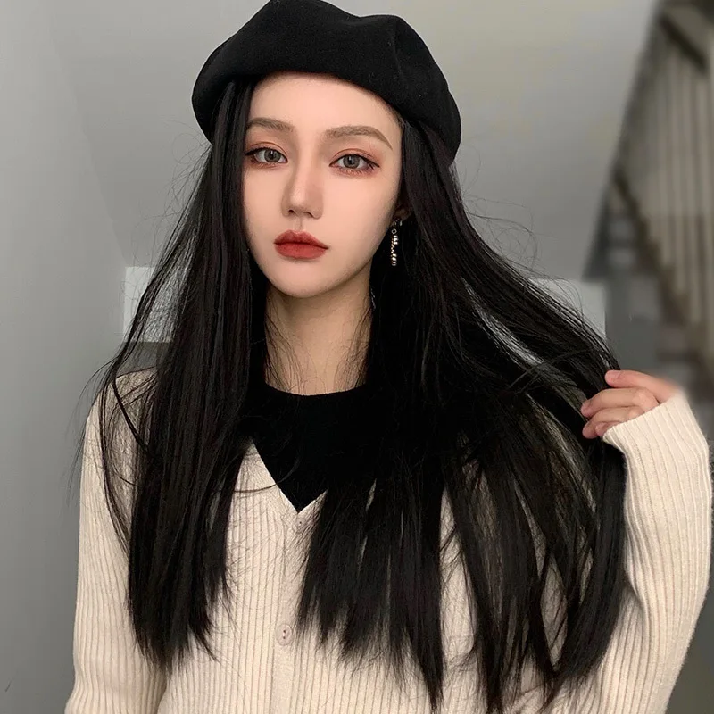 

Winter Women's Fashion Beret And Wigs Long Curly Straight Hair And Hat
