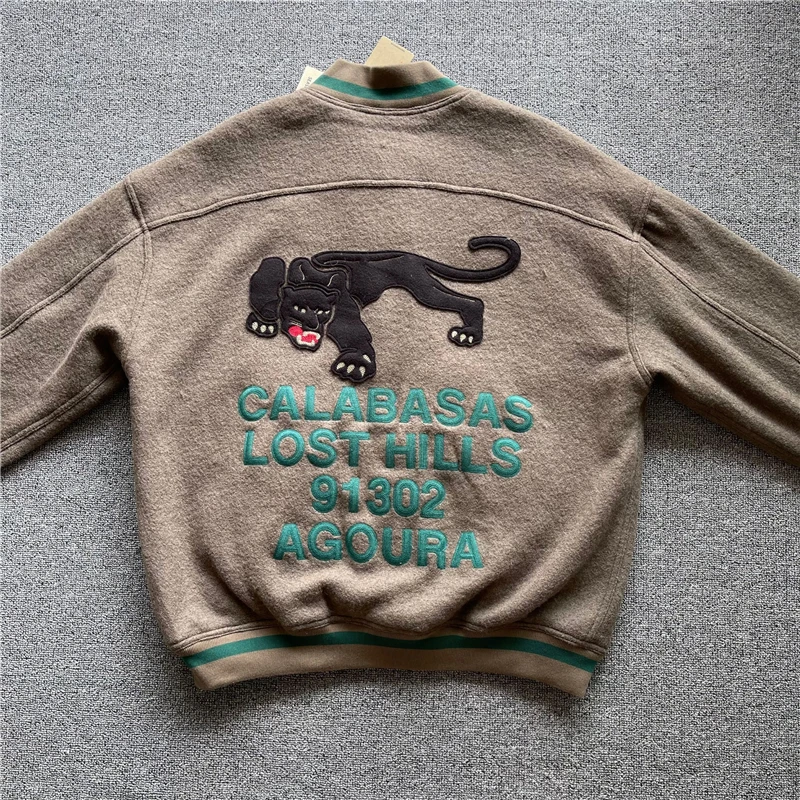 22SS Season 6 Fleece Varsity Jacket Men Women 1:1 High Quality Embroidered Heavy Vintage Calabasas Fabric Leopard Coats Jacket