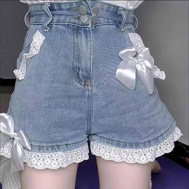 Girly Denim Shorts 2023 Summer New Lace-trimmed Bow Decoration Loose A-line Jeans Shorts Japanese Style Thin Pants Summer Attire