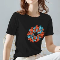 street t shirt black womens short sleeves casual all match slim trend 3d rotation pattern ladies tops o neck commuter clothing