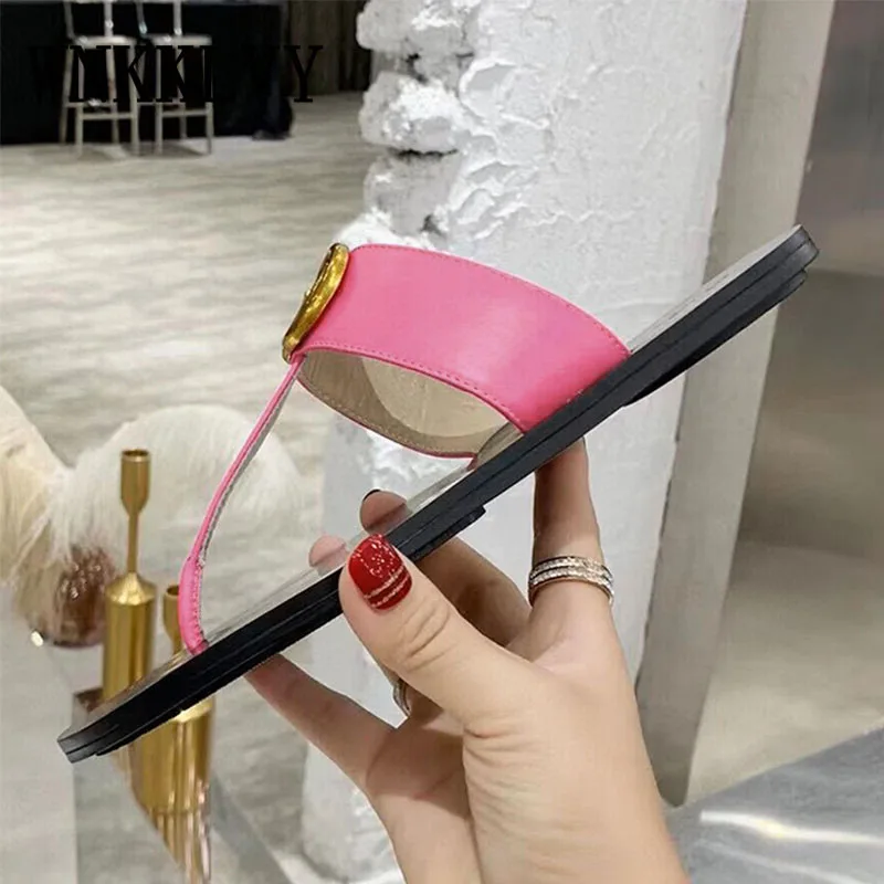 Ladies Slippers 2023 Fashion Flat Slips Ladies Summer Metal Trim Leather Luxury Slippers Outdoor Flip Flops Casual Beach Shoes