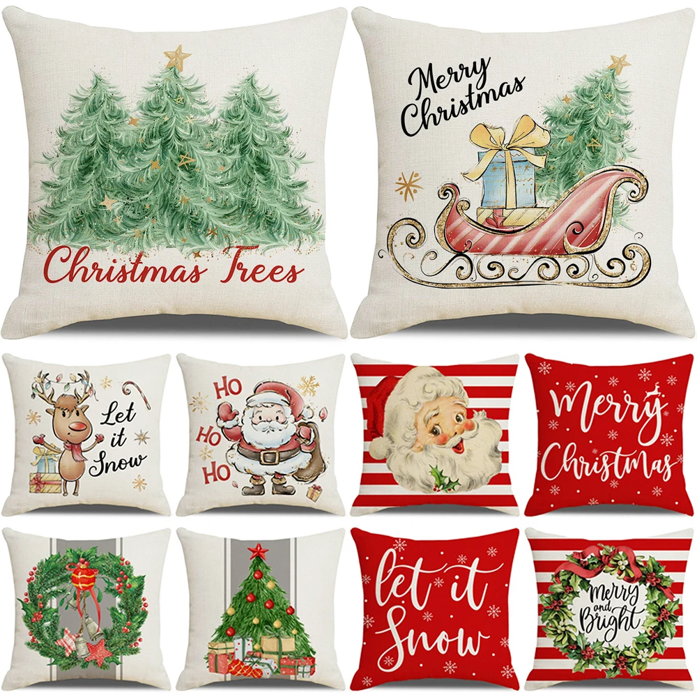 

2023 Christmas Decor Cushion Cover 18x18 Inches Pillow Case Christmas Tree Santa Pillowcases Linen Throw Pillow Cover for Xmas