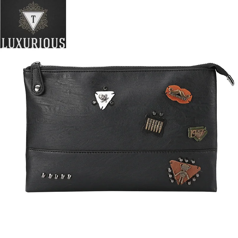 

Fashion Design Men's Rivet Clutch Bags High Quality PU Leather Skull Handbags Casual Travel Business Crossbody Envelope Bag Male