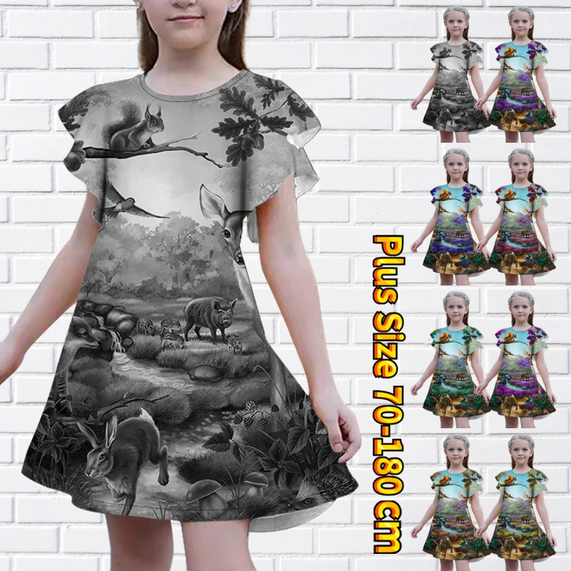 

Свободная юбка до колен для маленьких девочек, красивое платье принцессы, летняя юбка миди с круглым вырезом и принтом звезд, юбка с коротким рукавом