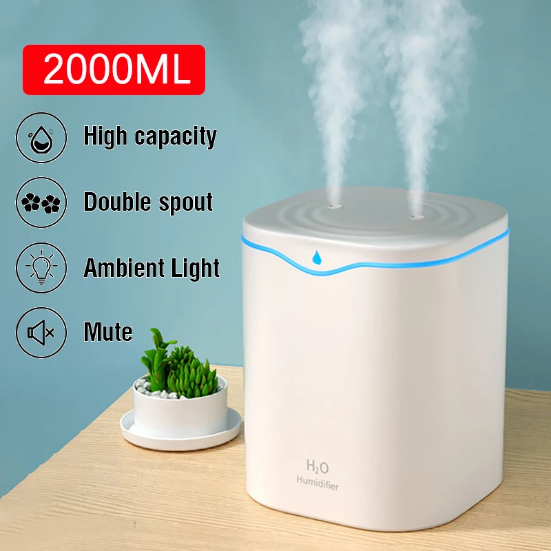 

High Capacity USB Air Humidifier Double Spray Port Essential Oil Aromatherapy Diffuser Cool Mist Maker Fogger 2000ML Home Office