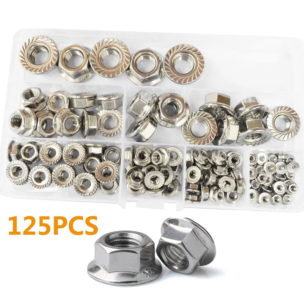

Flange Nut 125PCS Flange Nut Assortment Kit M3M4M5M6M8M10M12 304 Stainless Steel Hex Head Flange Nuts Serrated Spinlock Lock Nut