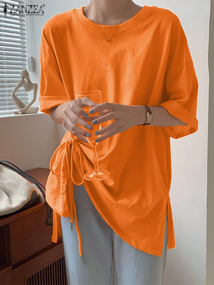 

Oversize Summer Women Tops Tee ZANZEA Fashion Solid Short Sleeve Loose Blouse Casual Drawstring Shirt Party Holiday Blusas Tunic