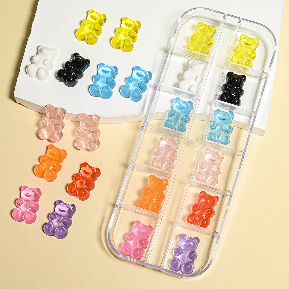 

12Grids Kawaii Jelly Gummy Bear Nail Art Charms Sweet Clear Mixed Candy 3D Bear Nails Art Decoration Charms DIY Accessories