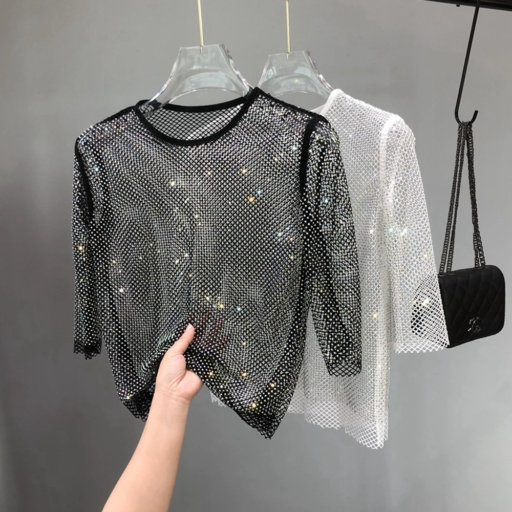 

Mesh Diamond Crystal Coat Diamond Ultra Fairy Inside Take Party Bling Hollow-out Render Unlined Upper Garment and Shiny T Shirt