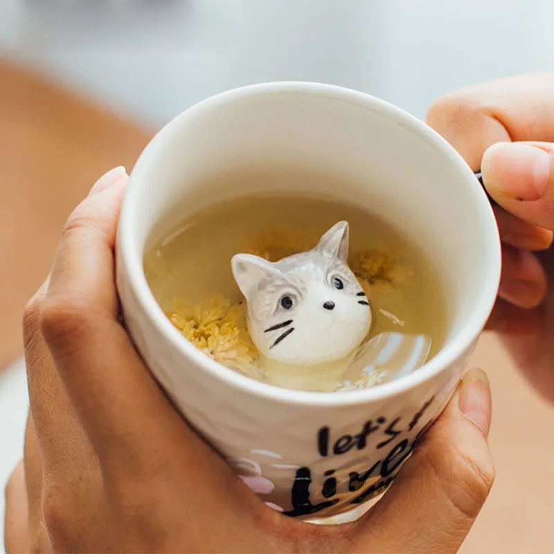 

Creative Cute Cat Mug 200ml Nordic Style Reusable Ceramic Tea Cups and Saucer Sets Iced Espresso Milk Breakfast Handle Cup