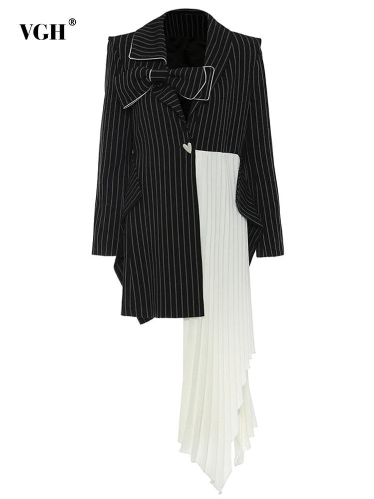 

VGH Fake Two Striped Blazer For Women Notched Collar Long Sleeve Colorblock Asymmetrical Hem Blazers Female 2022 Spring Clothing