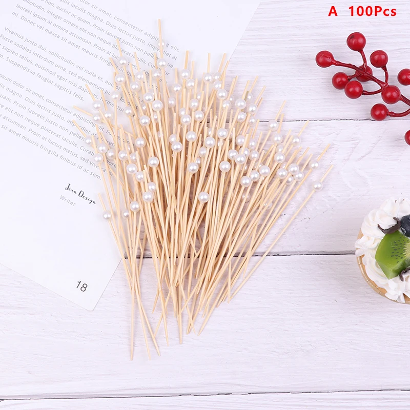 

100pcs 12cm Disposable White Pearl Bamboo Pick Buffet Cupcake Fruit Fork Party Dessert Salad Stick Cocktail Skewer Wedding Decor
