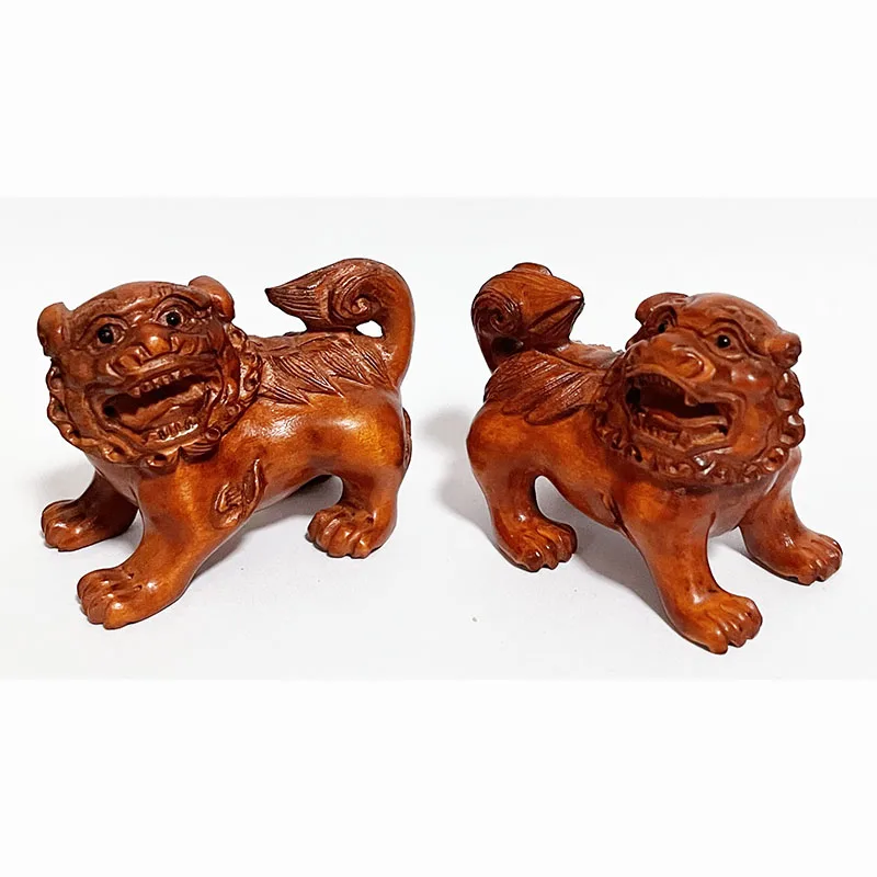 

2 INCH Japanese Boxwood Hand Carved Netsuke Sculpture Miniature Foo Dog Lion Kylin