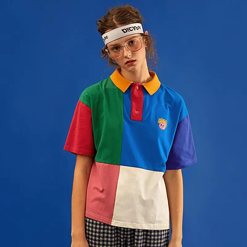 

Bebobsons Women's Summer Cotton Poloshirt Original Niche Design Loose Female Polo Shirt Color Block Cartoon Embroidery Shirt Top