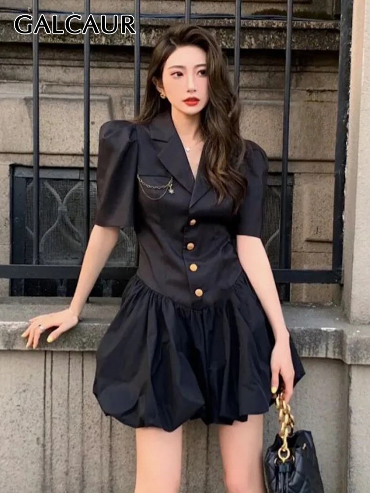 

GALCAUR Elegant White Mini Dress For Women V Neck Puff Sleeve High Waist Solid Minimalist Dresses Female Summer Clothing Fashion