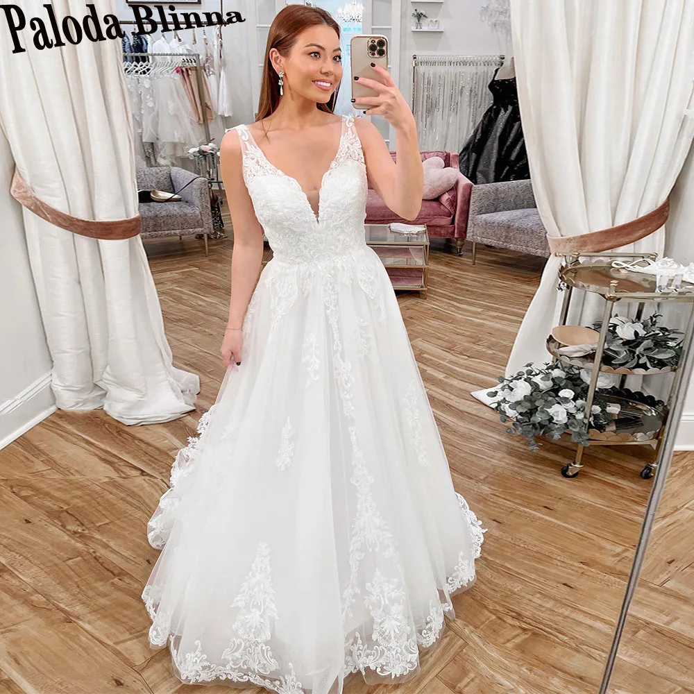 

Paloda Charming Tank A-LINE Wedding Gown For Bride V-Neck Appliques Sleeveless Pleat Court Train Vestidos De Novia Brautmode