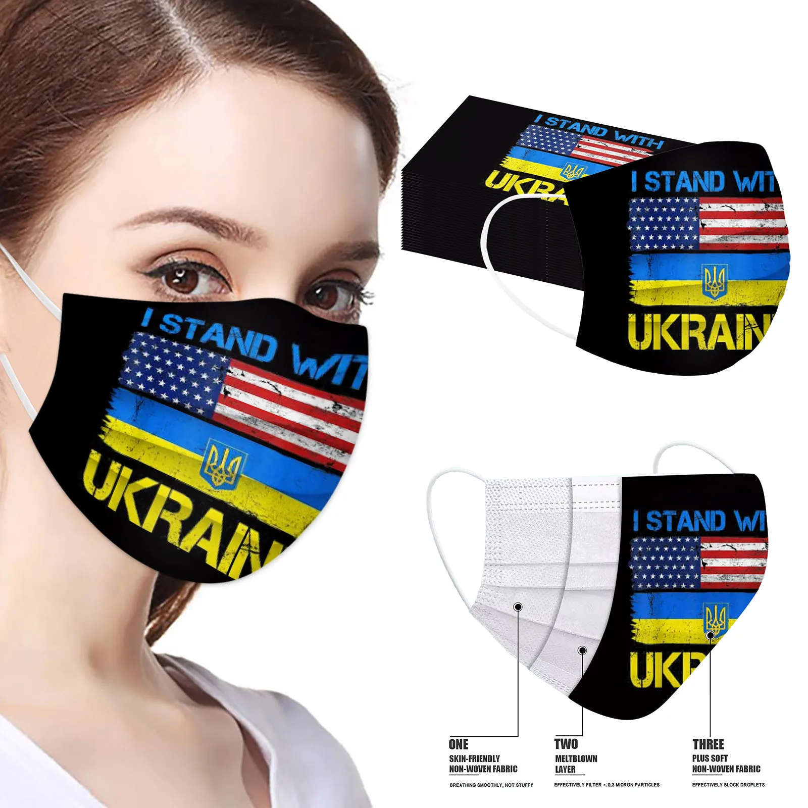 

50/10pc Adult Disposable Protective Masks Ukrainian Flag Print Mouth Cover Breathable Nonwoven Face Mask Earloop Bandage Masques