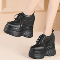 breathable lace platform pumps women genuine leather wedges high heel ankle boots female round toe fashion sneakers casual shoes