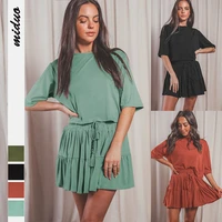 two piece skater skirt sets women half sleeve crop top solid color t shirt and drawstring pleated short skirt mini skater skirt