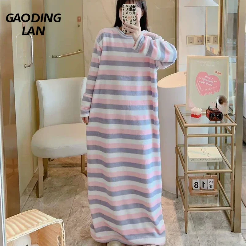 

Зимние плотные теплые женские фланелевые ночные рубашки с длинным рукавом в полоску с радужным принтом женская ночная рубашка из кораллового бархата Милая домашняя одежда для сна