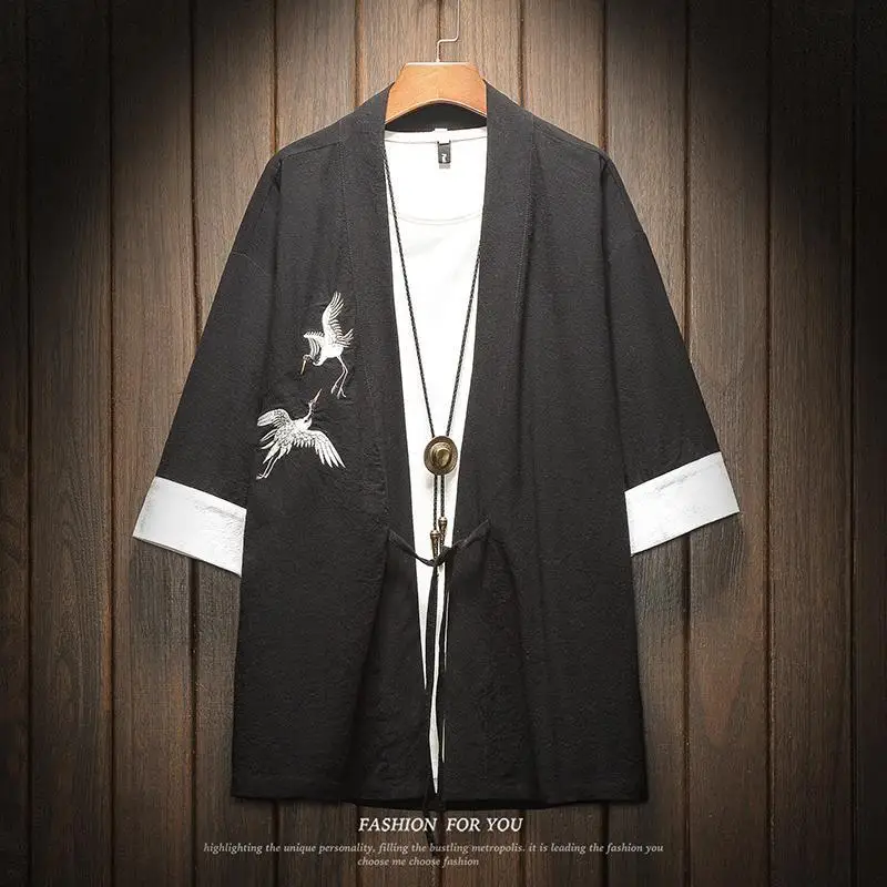 

M-5XL Japanese Streetwear Kimono Shirt Men Chinese Dragon Embroiderd 3/4 Sleeve Collarless Shirts Samurai Champloo