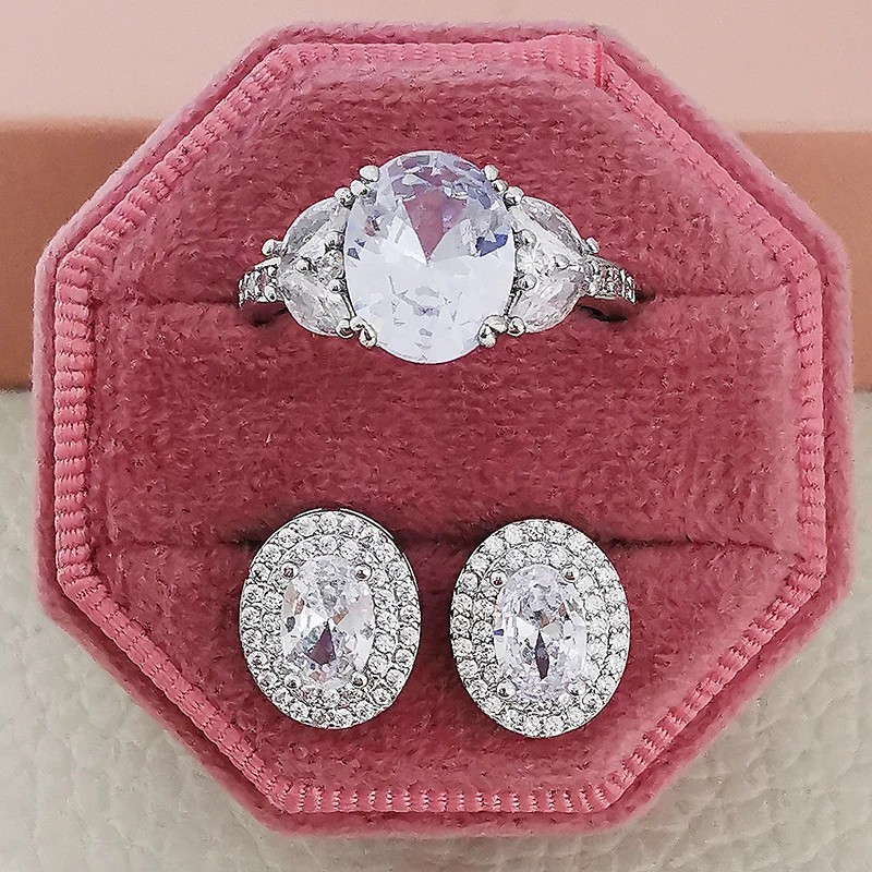 

2pcs Pack silver color bride Jewelry Set Halo Engagement Ring Round Stud Earring For Wedding Gift J7073