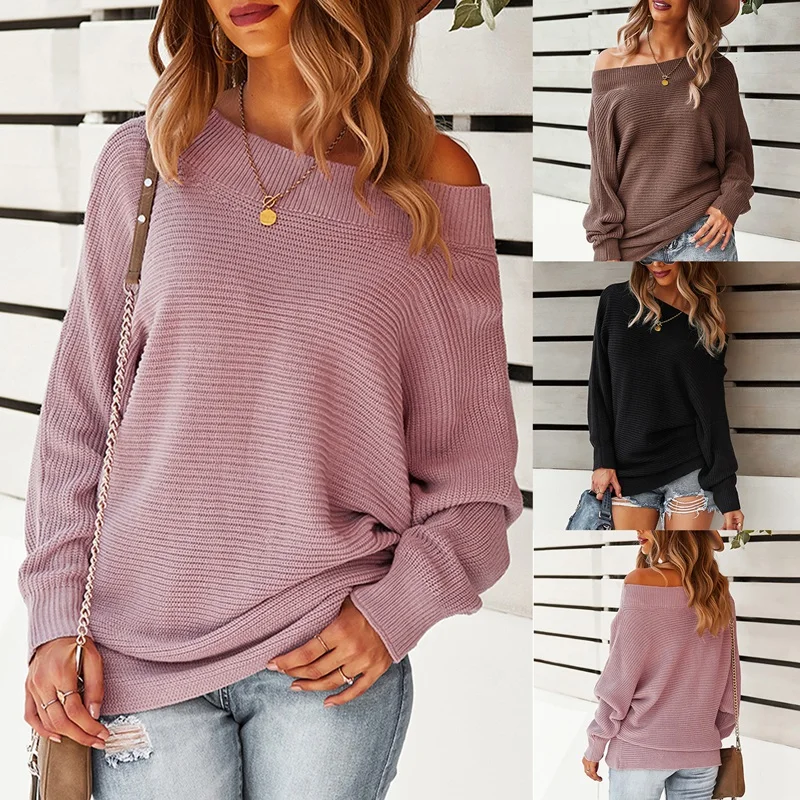 

Women's Off The Shoulder Sweaters Batwing Sleeve Knitted Loose Pullover Sweater Tops Loose Sweater