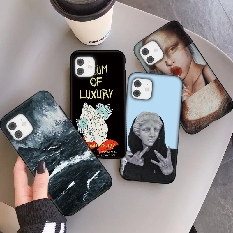 

UIGO Art Oil Painting Black Phone Case For iPhone 12 11 Pro SE 2020 XR XS Max X 6 6S 7 8 Plus Soft TPU Back Cover Fundas Coque