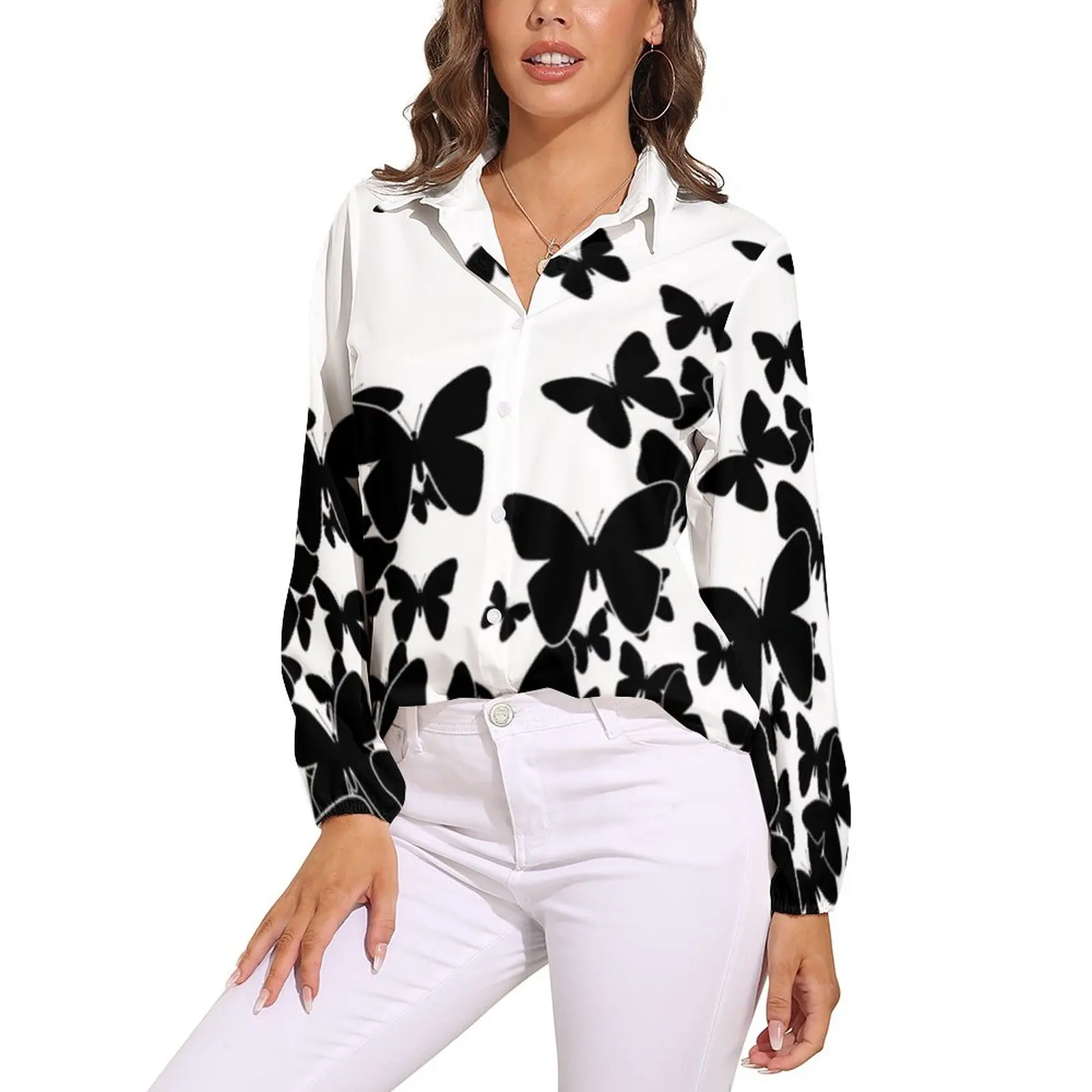 

Black Butterfly Art Blouse Butterflies Swarming Cool Pattern Blouses Women Street Fashion Shirt Autumn Long-Sleeve Oversize Tops