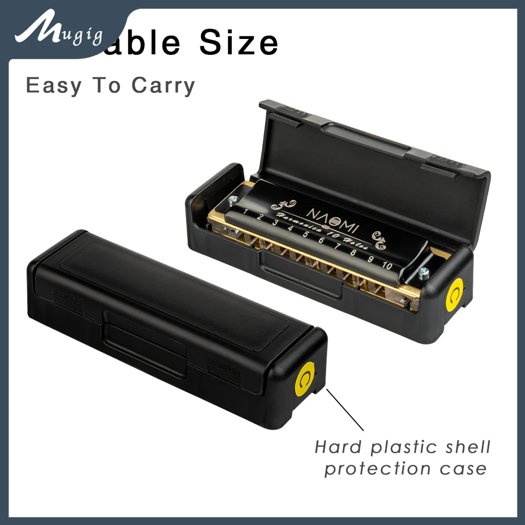 Mugig 10 Hole Professional Blues Harmonica Acrylic Comb Brass Reeds C Key With Black Case