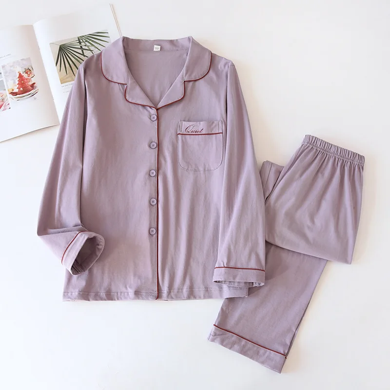 100% Cotton High Quality Women's Pajamas Set Long Sleeves Solid Color Embroidery 2 Pieces Set Women Pajamas Sleepwear