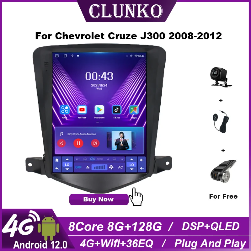 

Clunko For Chevrolet Cruze J300 2008-2012 Android Car Radio Stereo Tesla Screen Multimedia Player Carplay Auto 8G+256G Bluetooth