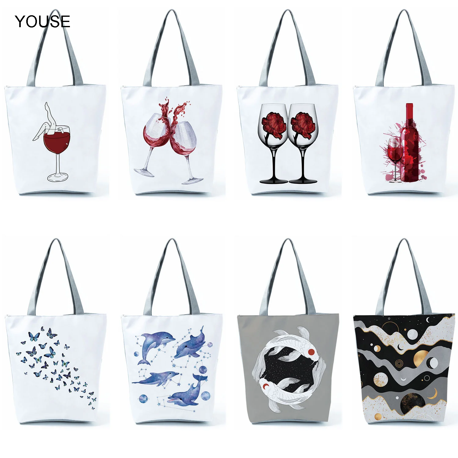 

Casual Fashion Storage Eco Reusable Shopping Bag Lady 2022 New Shoulder Bag Travel Cartoon Tote Wine Printed Women Handbag