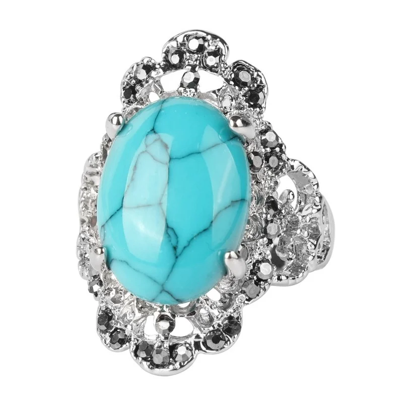 

Turquoise hand jewelry ring wholesale vintage jewelry alloy ancient silver natural stone finger joint ring