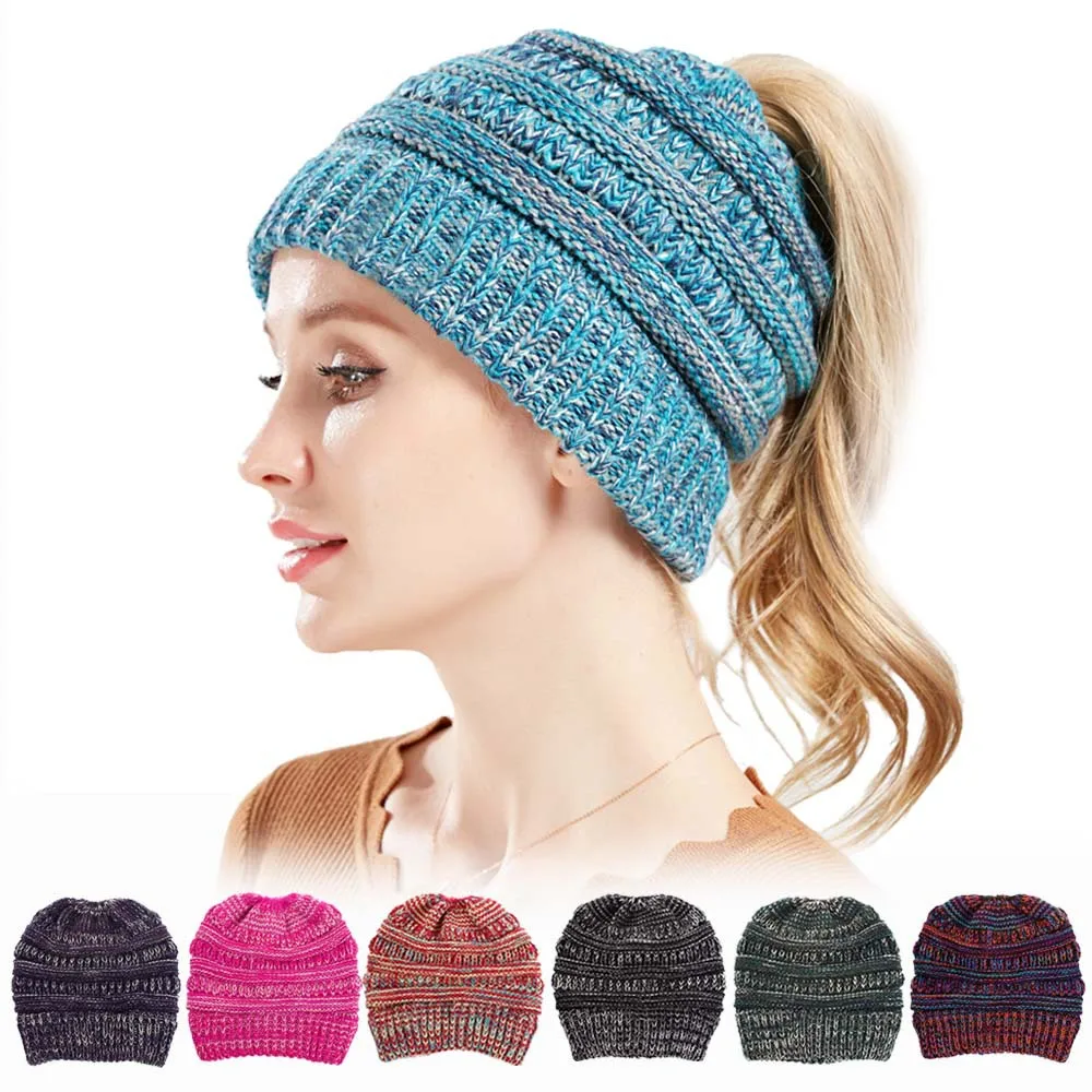 

Mixed Color Stretch Knitted Cap Autumn Messy High Bun Ponytail Beanie Hats Fashion Thick Warm Winter Hat Women Skullies Beanies