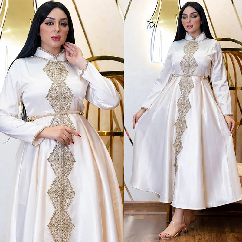 Satin Embroidery Abaya Dubai Turkey Muslim Dress Women 2022 Solid Color Tunic Eid Morrocan Kaftan With Gown Arabic Evening Dress