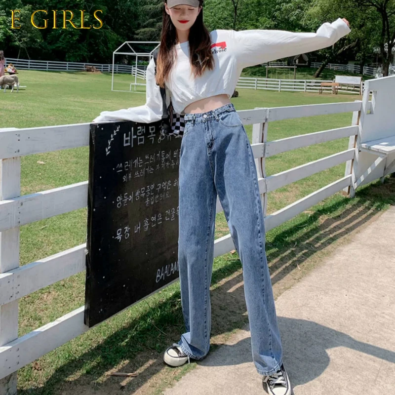 E GIRLS Wide Leg Jeans Women Adjustable High Waist Autumn Loose All-match Full Length Zipper Womens Denim Trousers Femme Kpop
