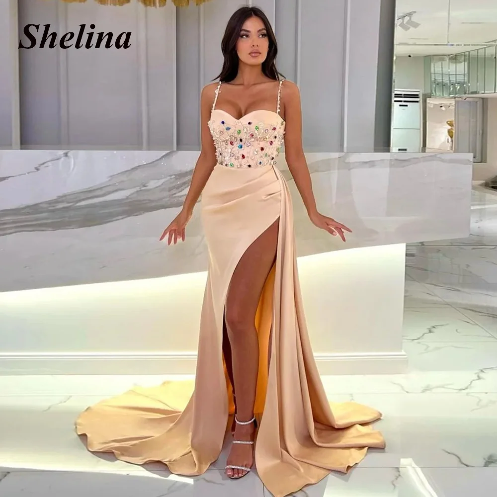 

Shelina Modern Prom Dresses Crystal Spaghetti Strap Beads Sweetheart Backless Slit Pleat Sweep Train Satin Vestido De Noite