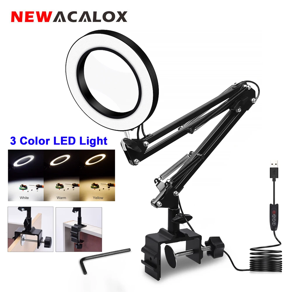 

NEWACALOX 5X 3 Colors LED Illuminated Magnifier Desk Lamp USB Magnifying Glass Soldering Third Hand Tool Flexible Reading Loupe