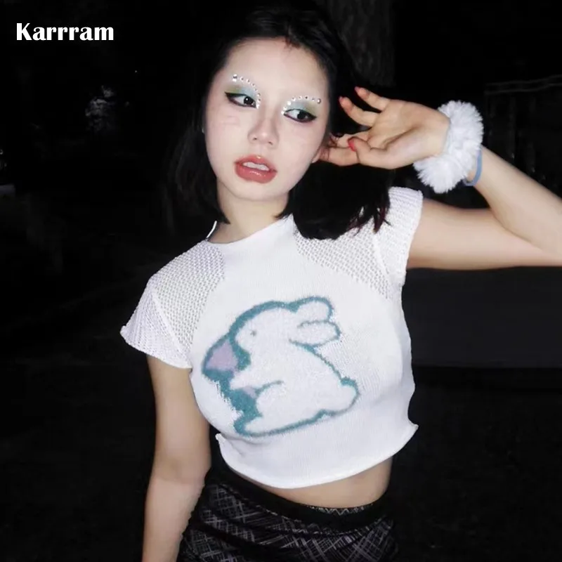 Karrram Y2k Aesthetics Knit Tops Grunge Fairycore Crop Tops Embroidery Hollow Out T-shirt Kawaii Harajuku Tshirts Japanese 00s
