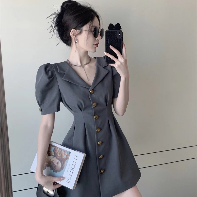 

Hikigawa Chic Fashion Women Vintage Elegant Slim Waist Blazer Dresses Summer French New Solid Button Up Mini Vestidos Mujer