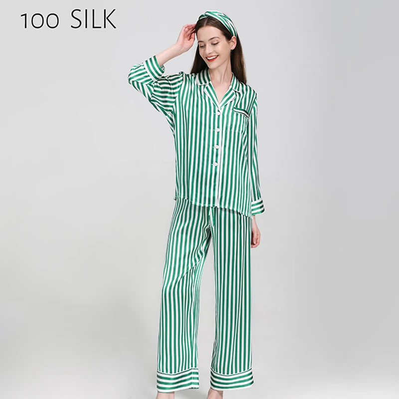 

19Momme Pure Silk Pajamas Set Woman 2 Pieces Sleepwear Real Mulberry Silk Pajamas for Women Stripe Pijama Home Suits Female Set